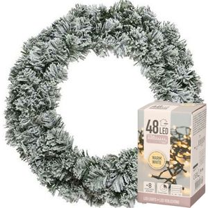 Kerstkrans groen met sneeuw 40 cm incl. verlichting warm wit 4m