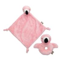 Pluche dieren setje roze flamingo knuffel rammelaar 15 cm en tutteldoekje 40 cm
