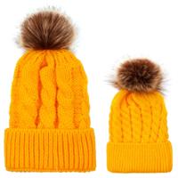 2 in 1 herfst en winter ouder-kind hoed set warme twist textuur gebreide muts met wol bal grootte: ouder-kind (geel)