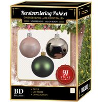 Zilvere/donkergroene/lichtroze kerstballen pakket 91-delig voor 150 cm boom   - - thumbnail