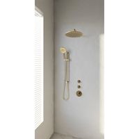 Regendoucheset Inbouw Brauer Gold Edition Thermostatisch 30 cm met Gebogen Wandarm, Glijstang en Handdouche 3-Standen Losse Stopkranen Geborsteld Goud