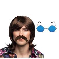 Hippie Sixties Flower Power verkleed set - Pruik/snor bruin - bril ronde glazen blauw - heren