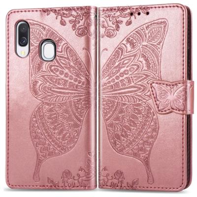 Butterfly Love bloemen reliëf horizontale Flip lederen case voor Galaxy A40 met houder & kaartsleuven & portemonnee & Lanyard (Rose goud)