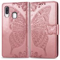 Butterfly Love bloemen reliëf horizontale Flip lederen case voor Galaxy A40 met houder & kaartsleuven & portemonnee & Lanyard (Rose goud)
