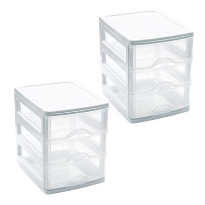 Ladekastje bureau organizer - 2x - 3 lades - wit/transparant - L13 x B17 x H17 cm - kunststof