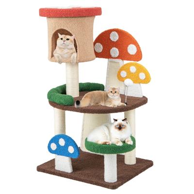 4-in-1 Krabpaal met Kleurrijke Paddenstoelen Meerlaagse Kattentoren met Grot Platforms en Interactieve Veerbol Veelkleurig