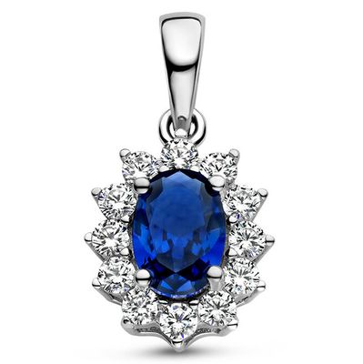 Hanger Ovaal Halo zilver-zirconia saffierblauw-wit 10 x 19 mm