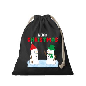 1x Kerst cadeauzak zwart Sneeuwpoppen met koord voor als cadeauverpakking