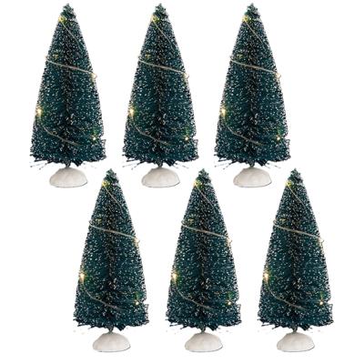 Kerstdorp mini kerstboompjes - 6x st - 15 cm - verlicht - 20 witte LED lampjes