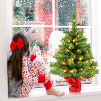 Kunstkerstboom met Verlichting 8 Dennenappels en Cementbasis Kerstdecoratie Tafelkerstboom voor Thuis Kantoor 64 cm