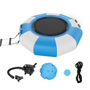 VEVOR opblaasbare watertrampoline met ladder, waterdicht, slijtvast, watertrampolines 1,98 m groot springoppervlak, springplatform waterpark zwembadtrampoline, blauw + wit 185 kg laadvermogen