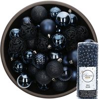 37x stuks kunststof kerstballen 6 cm inclusief kralenslinger donkerblauw - thumbnail