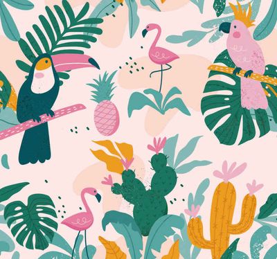 Slaapkamer behang Groene vogels en bladeren op roze achtergrond