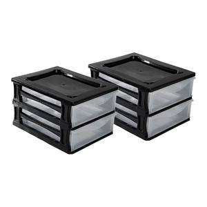 Ladeblokje/bureau organizer 2x grote lades - zwart/transparant - L26 x B35 x H20 cm - kunststof