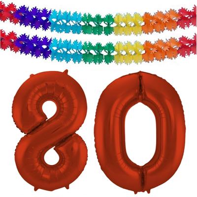 Folat Verjaardag Leeftijd folieballon - 80 jaar - rood - 86 cm - incl 2x slingers