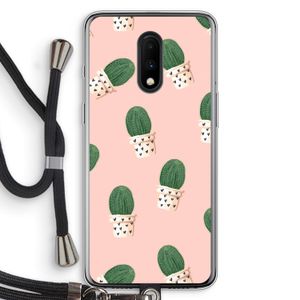 Cactusprint roze: OnePlus 7 Transparant Hoesje met koord
