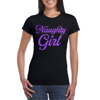 Foute party t-shirt voor dames - Naughty Girl - zwart - glitter - carnaval/themafeest - thumbnail