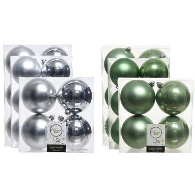 Kerstversiering kunststof kerstballen mix salie groen/zilver 6-8-10 cm pakket van 44x stuks