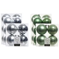 Kerstversiering kunststof kerstballen mix salie groen/zilver 6-8-10 cm pakket van 44x stuks