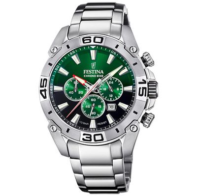 Festina F20543/3 Horloge Chrono Bike staal zilverkleurig-groen 45,5 mm