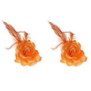 2x stuks oranje artikelen deco bloem met speld/elastiek