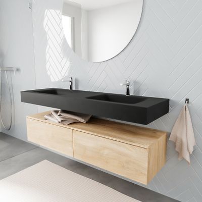 Mondiaz Alan badmeubel 150 cm washed oak 2 lades vrijhangend wastafel dubbel 2 kraangaten zwart