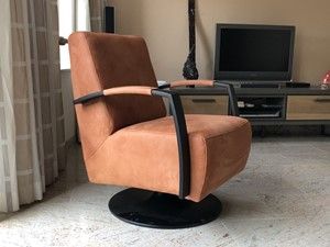 Leren draaifauteuil met stalen frame en schotelvoet - oranje leer - Echt leer, Industrieel, ontdek de vele Leersoorten en Kleuren bij ShopX