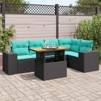 6-delige Loungeset met kussens poly rattan zwart