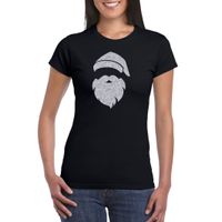 Kerstman hoofd Kerst t-shirt zwart voor dames met zilveren glitter bedrukking - thumbnail
