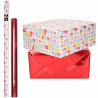 4x Rollen kraft inpakpapier happy birthday pakket - metallic rood 200 x 70/50 cm - Cadeaupapier