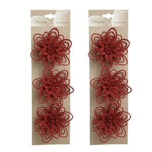 6x stuks decoratie bloemen rood glitter op clip 11 cm