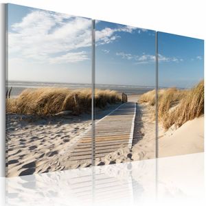 Schilderij - Uitzicht op Noordzee, 3luik , beige blauw , wanddecoratie , premium print op canvas