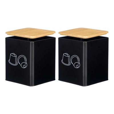 Koffie cups/capsules houder - 2x - metaal - 14 x 14 x 16 cm - voor 50 capsules - zwart - bamboe deks