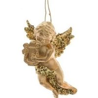 Gouden engel met harp kerstversiering hangdecoratie 10 cm - thumbnail