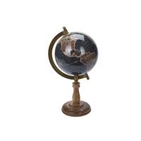 Decoratie wereldbol/globe donkerblauw op mangohouten voet 13 x 28 cm - thumbnail