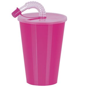 Drinkbeker met deksel en rietje - roze - kunststof - 450 ml - 12 x 9 cm