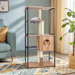 160 cm Hoge Moderne Indoor Kattentoren Metalen Frame Gewatteerde Zitstok Grote Platforms Hangmat Krabpalen 75 x 45 x 160 cm