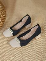 Elegant Imitation Pearls Arch Support Insole Breathable Square Toe Block Heel Pumps - thumbnail