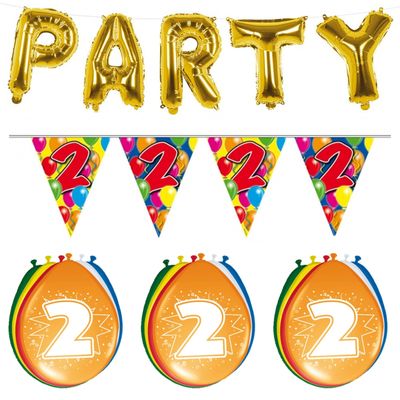 Verjaardag feestversiering 2 jaar PARTY letters en 16x ballonnen met 2x plastic vlaggetjes Verjaardag feestversiering 2 jaar PARTY letters en 16x ballonnen met 2x plastic vlaggetjes