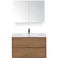 Porto Badmeubelset 90 cm - Honey - Keramische Wastafel Wit Slim met Spiegelkast