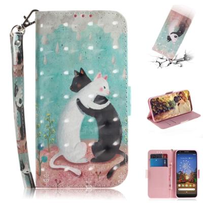 3D-schilderij zwart witte kat patroon gekleurde tekening horizontale Flip lederen case voor Google pixel 3a XL met houder & kaartsleuven & portemonne