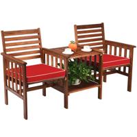Tuinbank Hout met Dubbele Zitting en Bijzettafel Houten Bank tot 350 kg Zitbank Incl. Kussen & Parasolgat Acaciahout Kwaliteit Wit/Rood