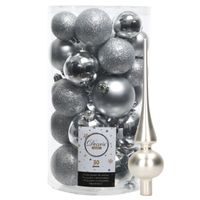 Decoris kerstballen 30x stuks - zilver 4/5/6 cm kunststof mat/glans/glitter mix en piek - thumbnail