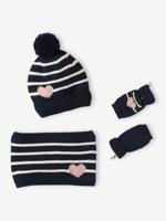 Meisjesmuts + snood + wanten/handschoenen met strepen/hartje marineblauw Meisjesmuts + snood + wanten/handschoenen met strepen/hartje marineblauw