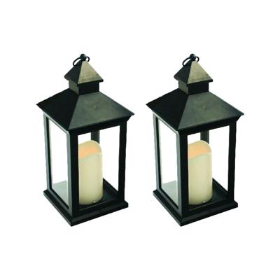Lantaarn - 2x - zwart - met LED kaars - 10.5 x 10.5 x 24 cm - sfeerlicht - binnen / buiten