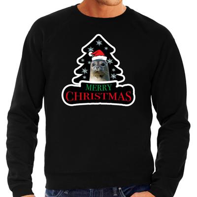 Dieren kersttrui Zeehond - zwart - voor heren - Foute zeehonden kerstsweater - lange mouwen Dieren kersttrui Zeehond - zwart - voor heren - Foute zeehonden kerstsweater - lange mouwen