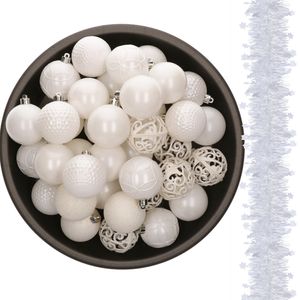 37x stuks kunststof kerstballen 6 cm met kerstslingers wit