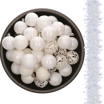 37x stuks kunststof kerstballen 6 cm met kerstslingers wit