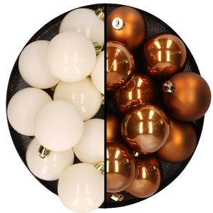 Kunststof kerstballen 6 cm - 24x stuks - wol wit en bruin - Kerstbal