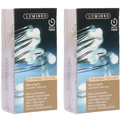 Lumineo draadverlichting - 2x - 20 led lampjes - helder wit - 95 cm - lichtdraad - zilver